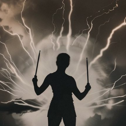 The silhouette of a percussionist is visible from the upper thighs, wielding two drumsticks, against a backdrop of tumultuous clouds, surrounded by lighting.