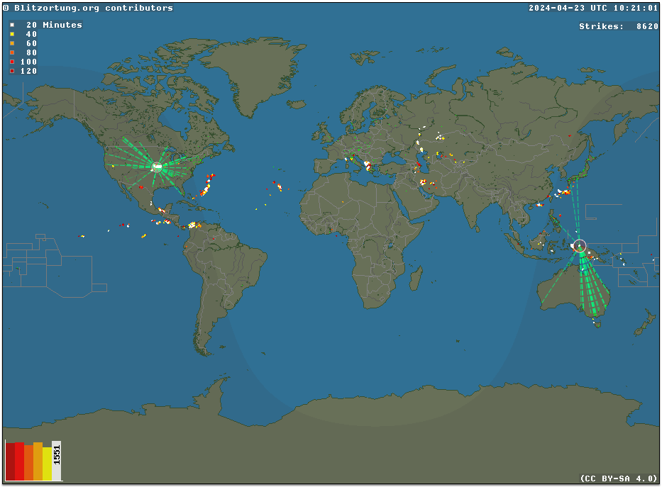 A screenshot taken from blitzortung.org, showing real lighting data across the world. 