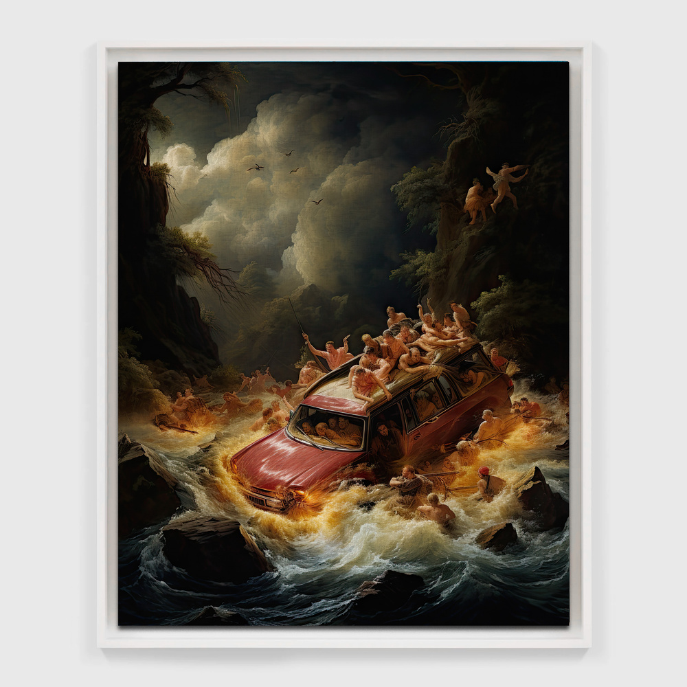 An AI generated image, in the style of a history oil painting, depicting a car sinking in turbulent water, surrounded by struggling people. 
