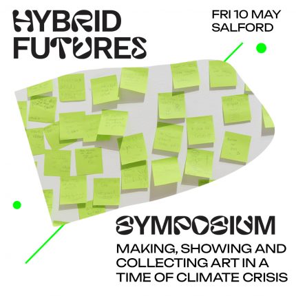 A graphic representing the Hybrid Futures Symposiu. Text reads: Hybrid Futures Fri 10 May, Salford. Symposium Making, Showing and Collecting Art in a Time of Climate Crisis. Organic shapes from the Hybrid Futures branding shows green post-it notes written in response to the Hybrid Futures exhibition at Salford 2024.