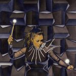 A stylised image of procussionist Jennifer Walinetski, in the angular Conductor costume, in a dramatic pose, holding a drum stick in each hand. Behind her are the dramatic and angular foam walls of the Anecoic Chamber at the University of Salford.