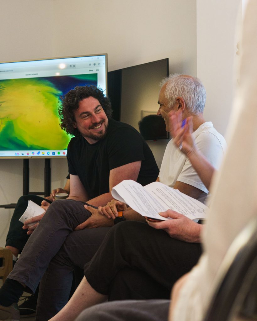 Matthew Pendergast talking to Professor Richard Fitton at Castlefield Gallery.