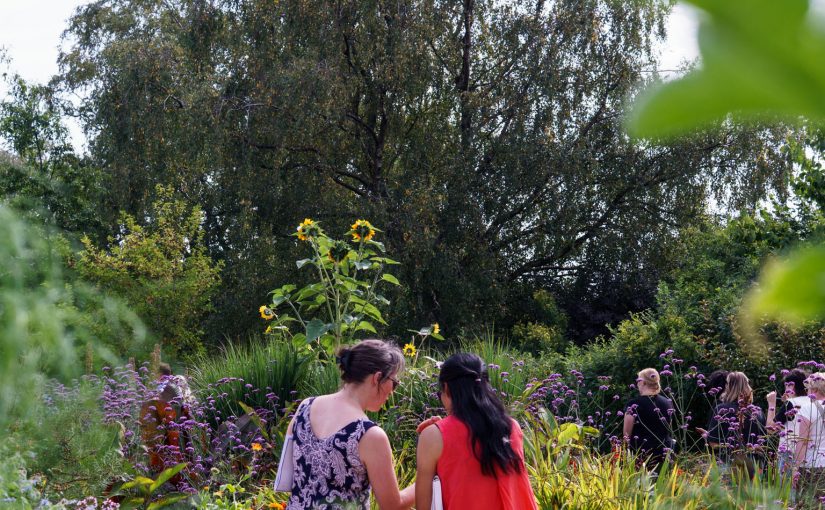 two women stand together chatting in a large garden on a sunny day