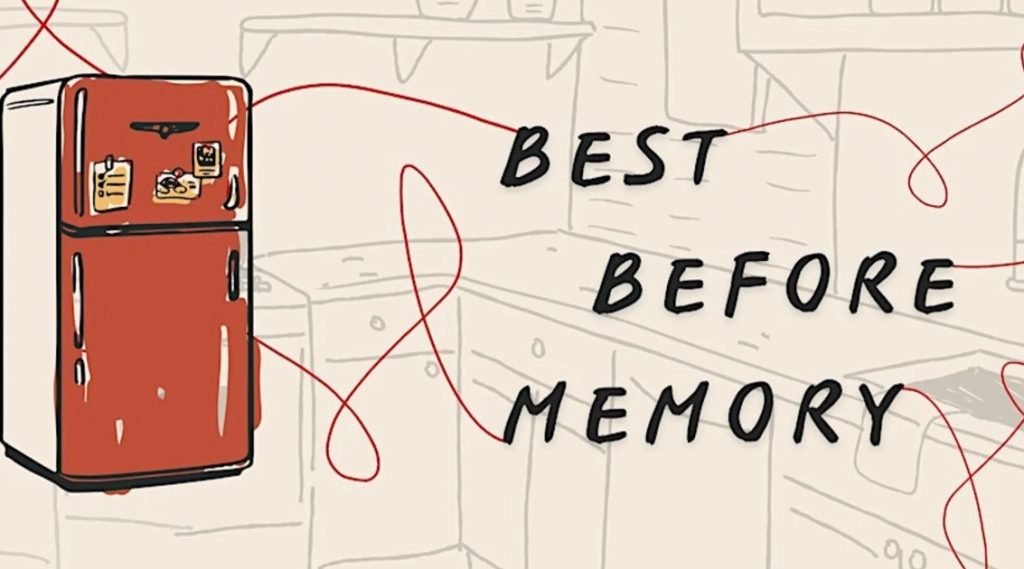 a graphic which says the project title Best Before Memory next to a drawing of a red fridge