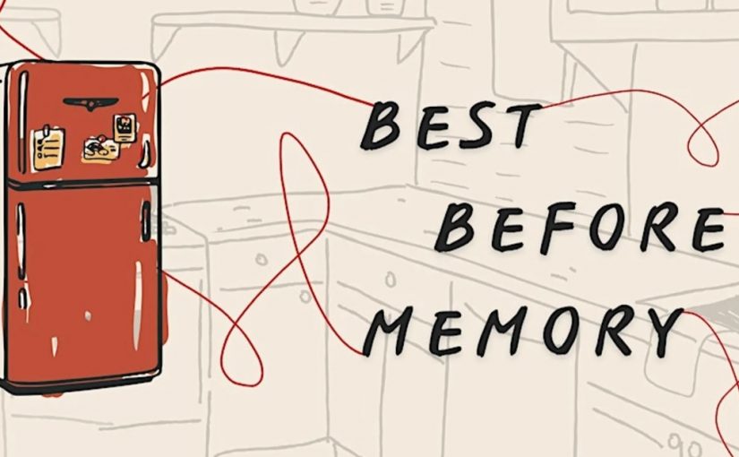 a graphic which says the project title Best Before Memory next to a drawing of a red fridge