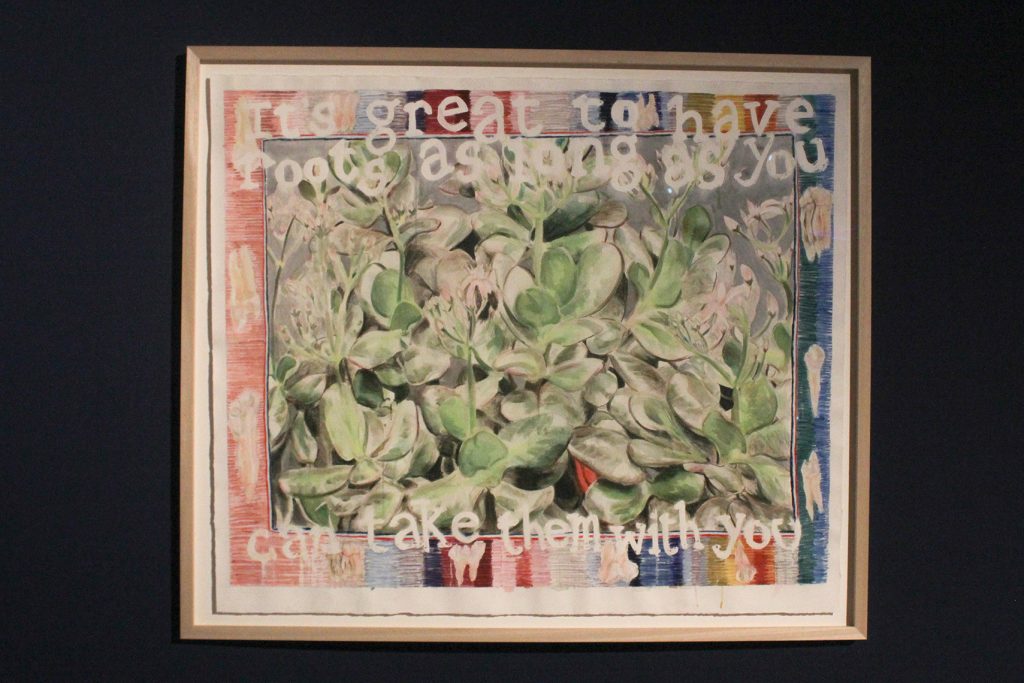 watercolour and pencil on paper, showing a jade plant with the words 'It's great to have roots as long as you can take them with you'. The borfer of the image uses the pattern of ribbons from British regimental medals.