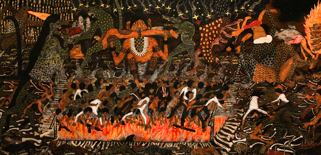 Painting in which figures burn in fire while a giant man devours a human leg.