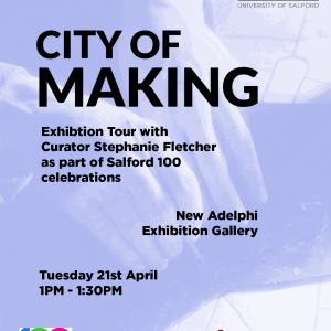 Event poster for a exhibition tour, with black text and lilac background images with hands.