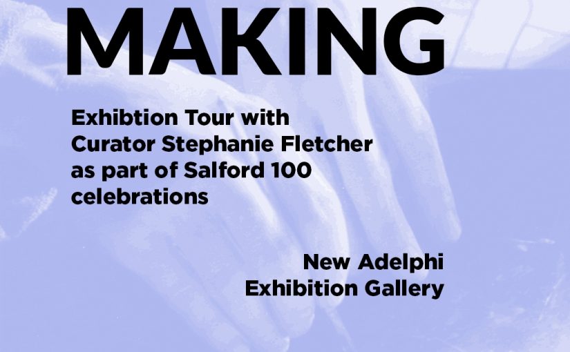 Event poster for a exhibition tour, with black text and lilac background images with hands.