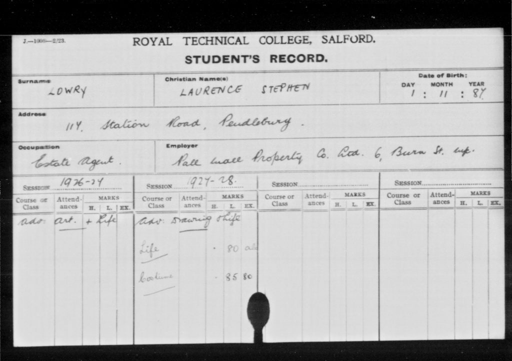 L.S Lowry's student report card, white paper with black text and hand written notes.