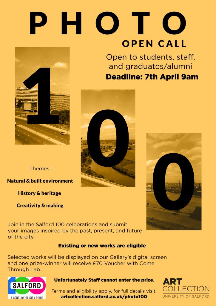 Orange and black photography open call poster. Photo open call written in black text, along with three images with the number 100 in front of each image.