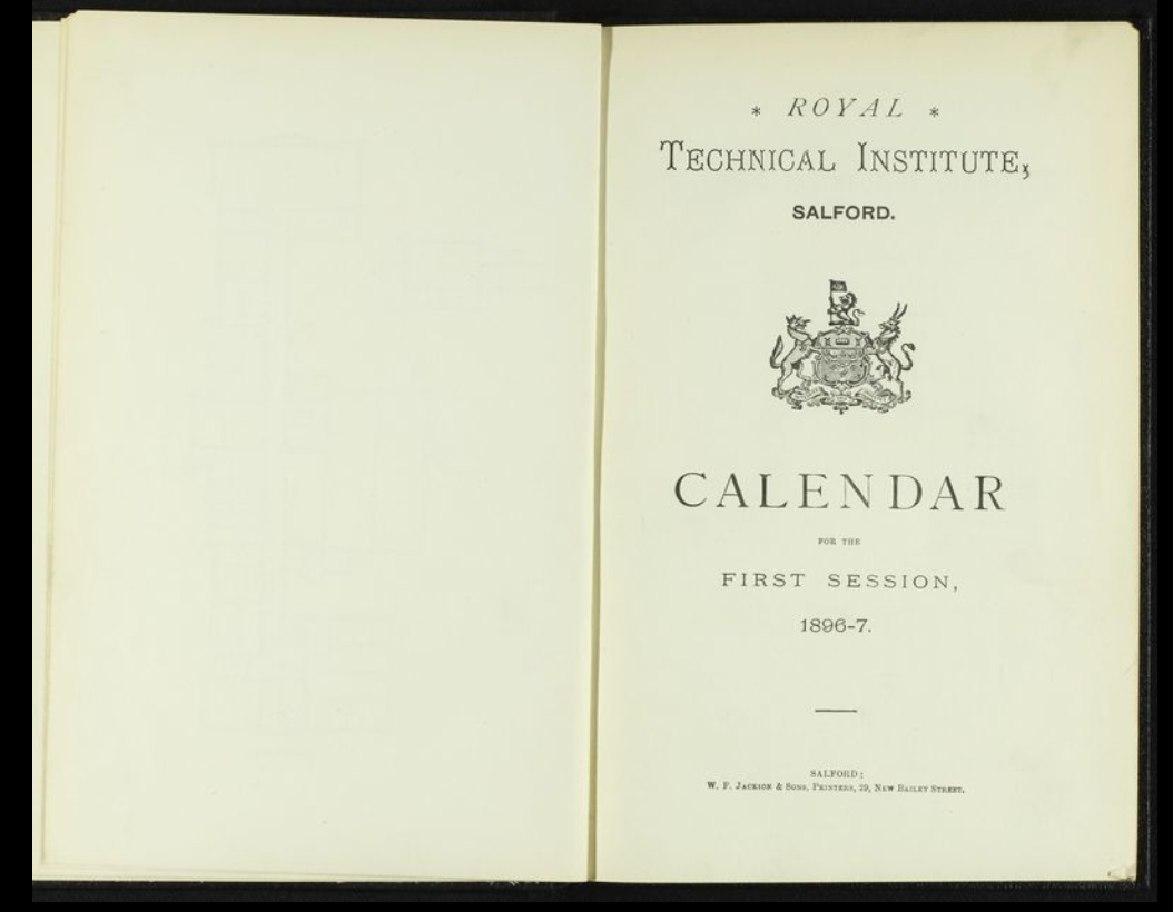 Scan of two white pages, one blank page, the second page with the Salford Royal Technical Institute emblem and text for the first academic year.