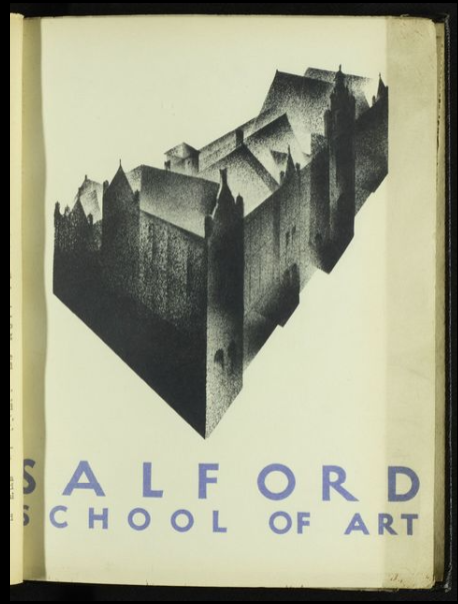 Scan of Salford School of Art Prospectus cover, white page with grey and black text and image of a black building.