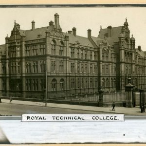 Sepia toned photograph of University of Salford' red brick Peel Building,