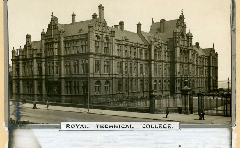 Sepia toned photograph of University of Salford' red brick Peel Building,
