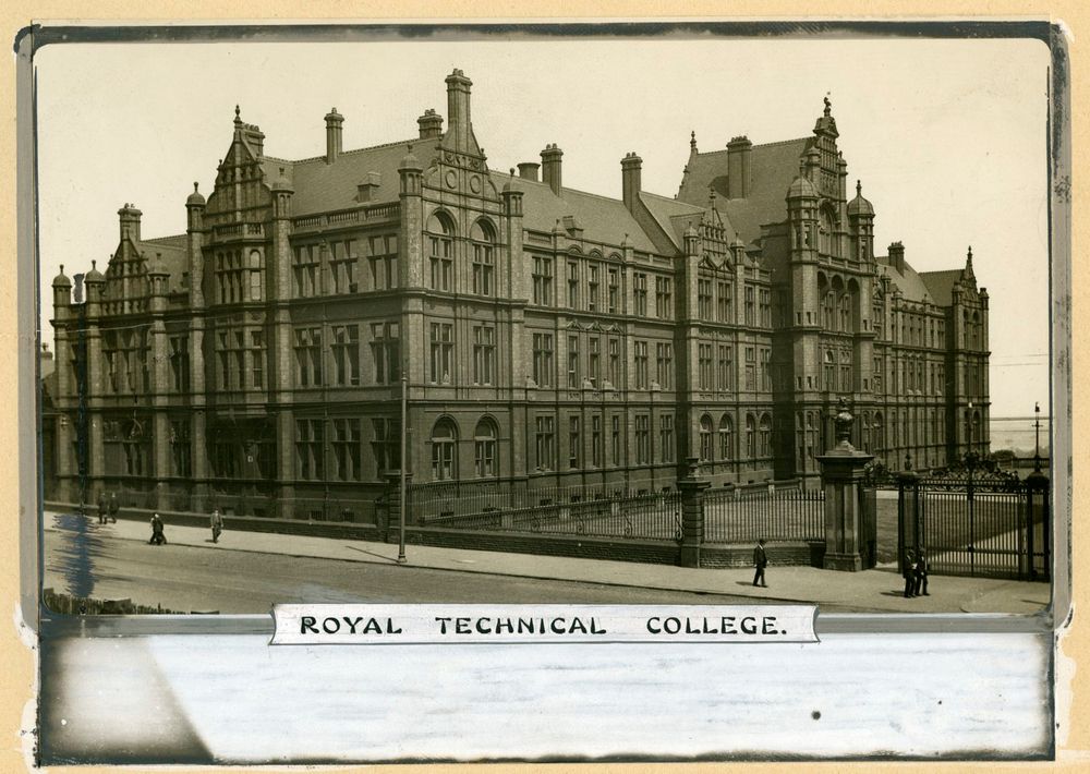 Sepia toned photograph of University of Salford' red brick Peel Building,
