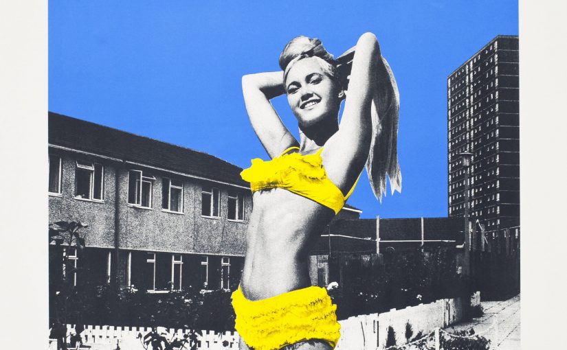 A woman in black and white but wearing a bright yellow bikini stands outside black and white council houses and high rise flats. The sky is bright blue behind.