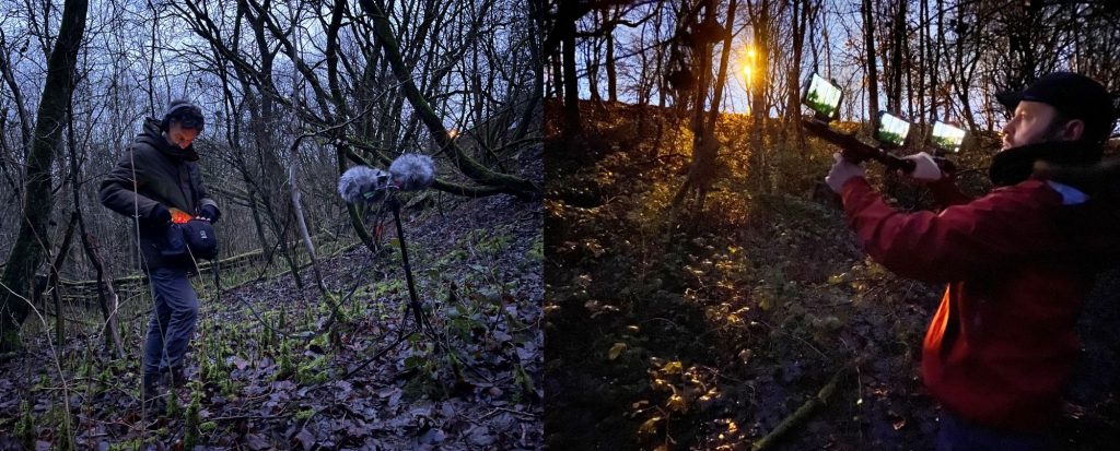 two images, on the left artist simon connor is recording sound on microphones, on the right andrew brooks is recording video footage. Both are in woodlands in winter time, there is leaves on the floor and the lighting is darkening as the sun is setting. 