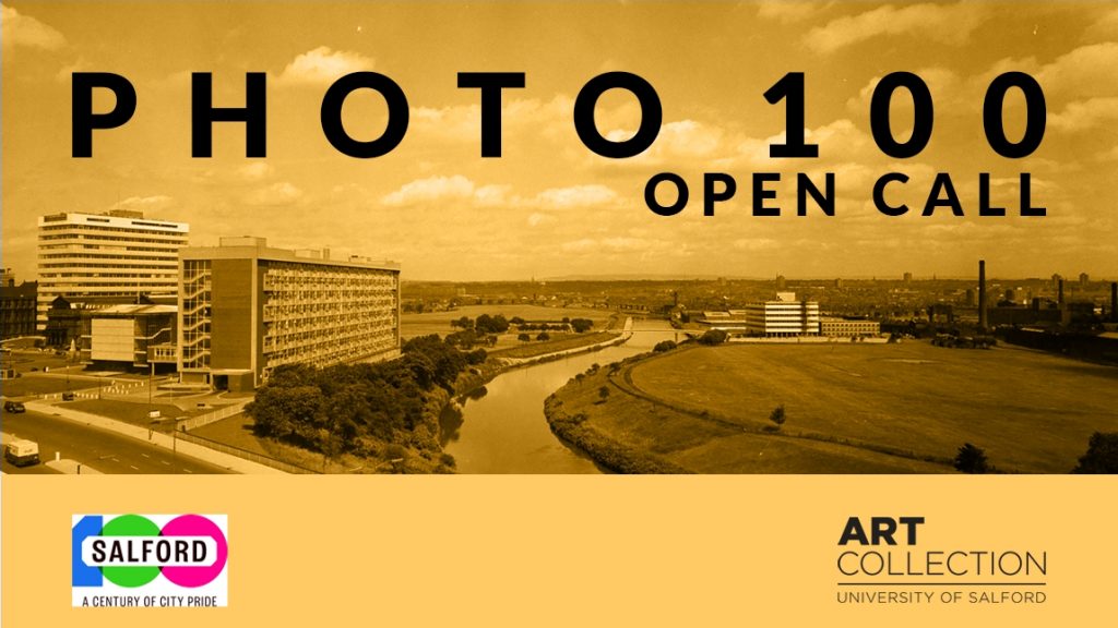 A duotone landscape photograph of a river in between a high rise building and a field of grass, and black text layered over image.
