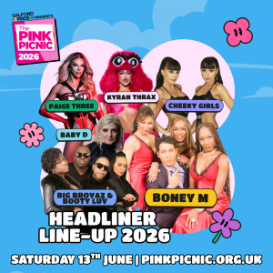 Pink picnic lineup poster, picturing Kyran Thrax, The Cheeky Girls, Boney M, Big Brovas & Booty Luv, Paige three, and Baby D.