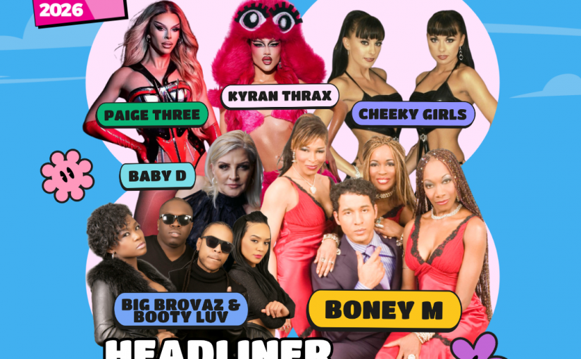 Pink picnic lineup poster, picturing Kyran Thrax, The Cheeky Girls, Boney M, Big Brovas & Booty Luv, Paige three, and Baby D.
