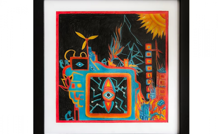 Framed artwork, a colourful collaged pencil drawing with blue and orange abstract shapes.