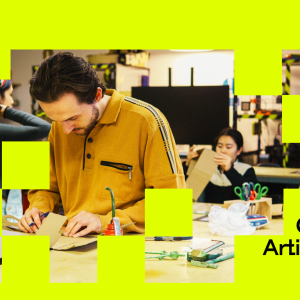 Brightly coloured yellow background with an image of a young man creating something with his hands using cardboard. In the bottom right corner it says CreaTech CoLab 2026.