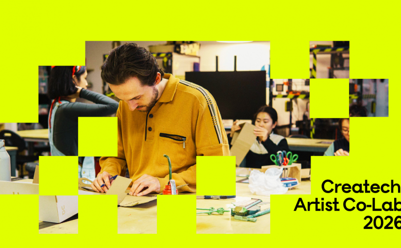 Brightly coloured yellow background with an image of a young man creating something with his hands using cardboard. In the bottom right corner it says CreaTech CoLab 2026.