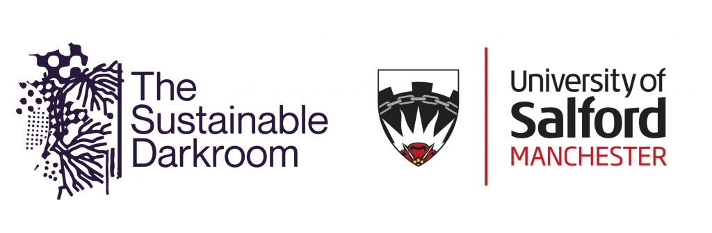 The Sustainable Darkroom logo, with dark purple text alongside patterns of lines and dots. The University of Salford emblem is on the right, with black and red text.
