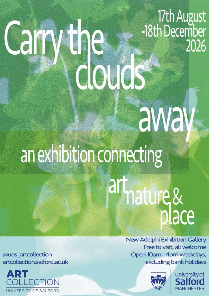 Green, yellow, and light blue exhibition poster - with flower patterns and white text 'Carry the clouds away' alongside opening times and location information,