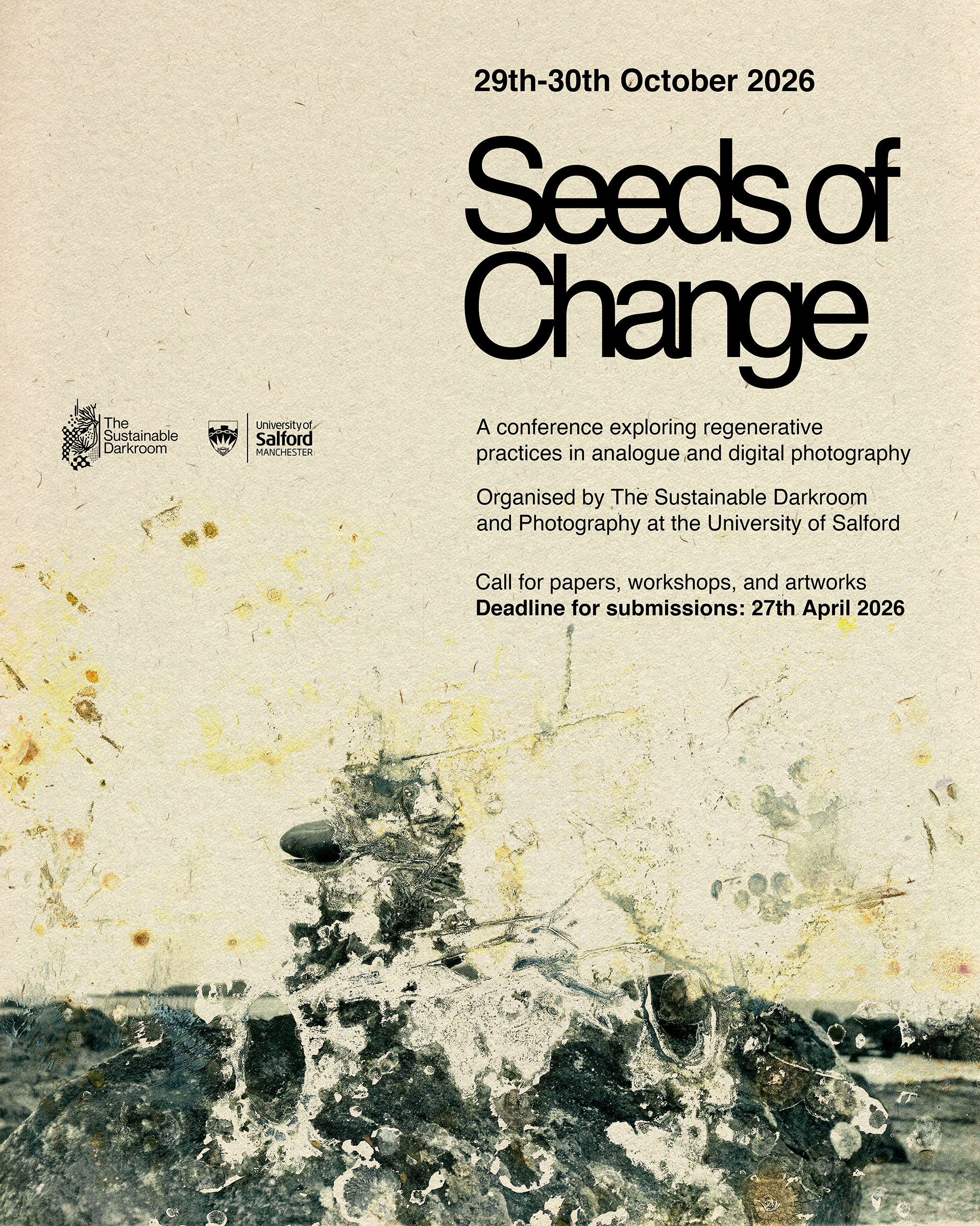 Seeds for change conference poster, with black text and a beige and black liquified background.