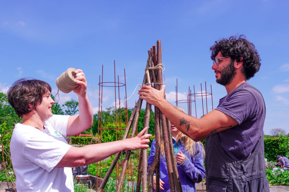 Two people holding long wooden sticks together.
