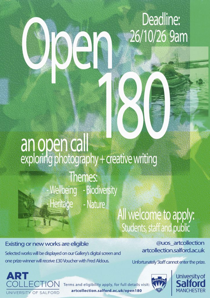 Cyanotype prints digitally layered over each other in blue and green. Large white text 'Open 180'